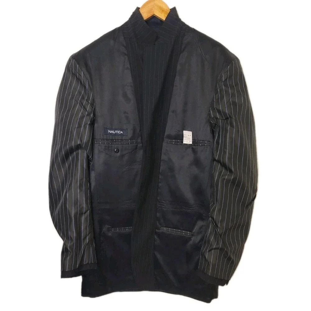Nautica 2 Piece Suit 42L Navy Pinstripe‎ Jacket Pant 33x33 Pleated Cuff Wool